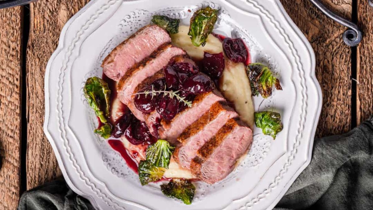 Pan Seared Duck with Cherry Port Sauce.
