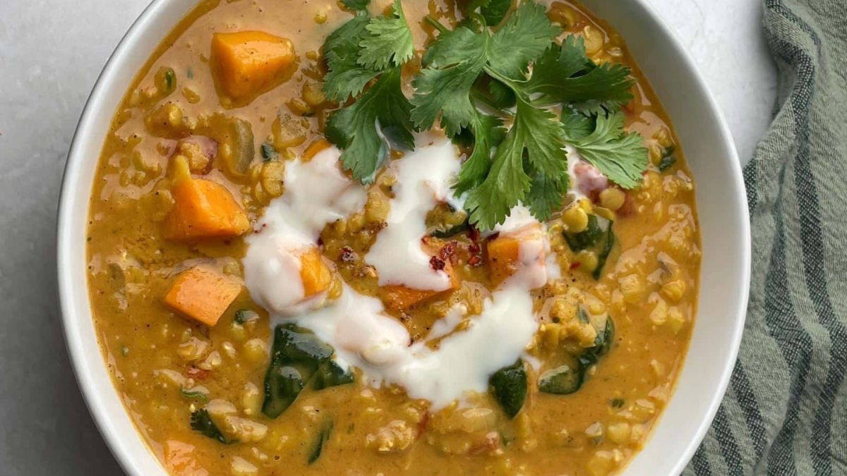 Red Curry Lentils With Sweet Potatoes And Spinach.