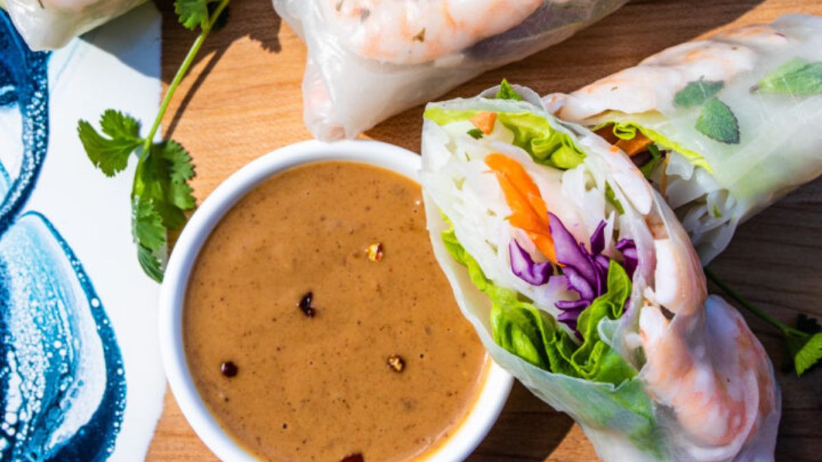 Shrimp Salad Rolls with Peanut Dipping Sauce.
