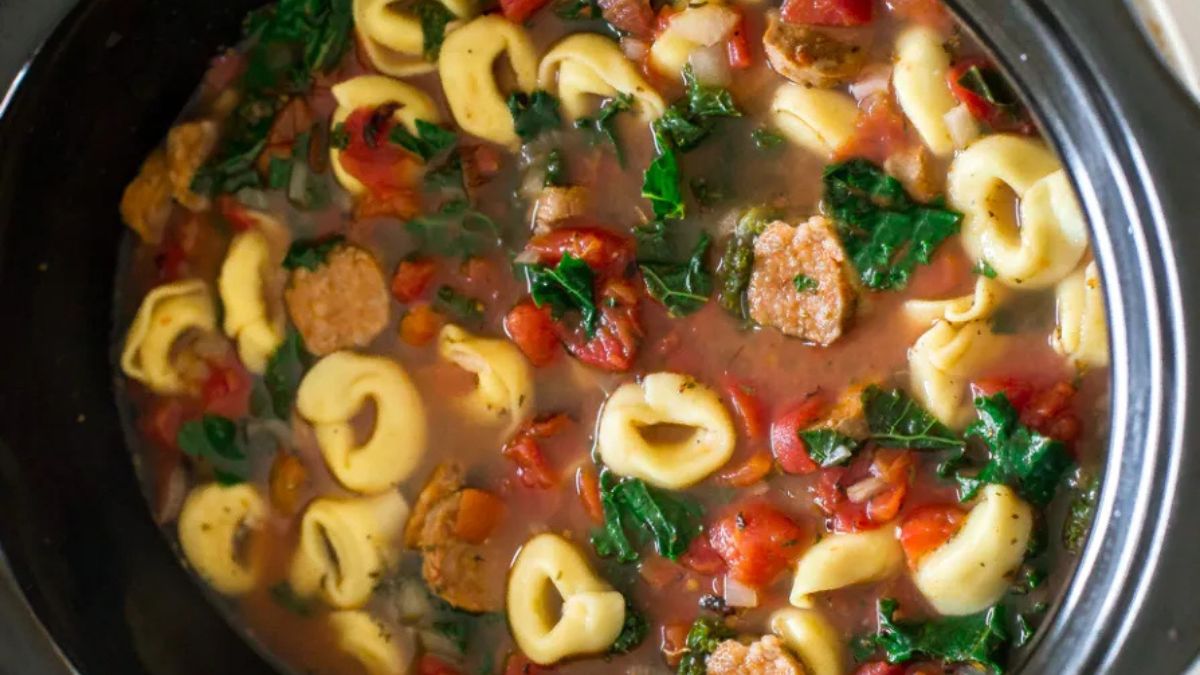 Slow Cooker Tortellini Sausage and Kale Soup.