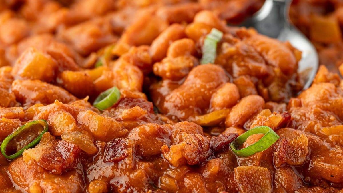 Smoky Bourbon Baked Beans with Apples and Bacon.