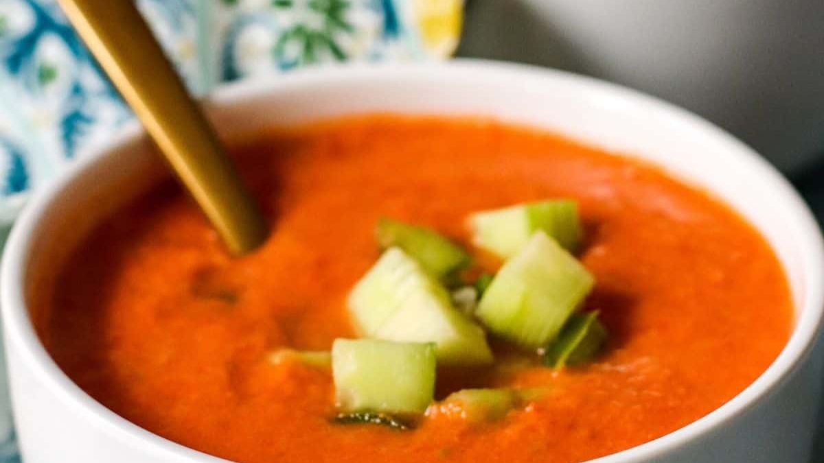Spanish Cold Tomato Soup with Bread and Olive Oil.