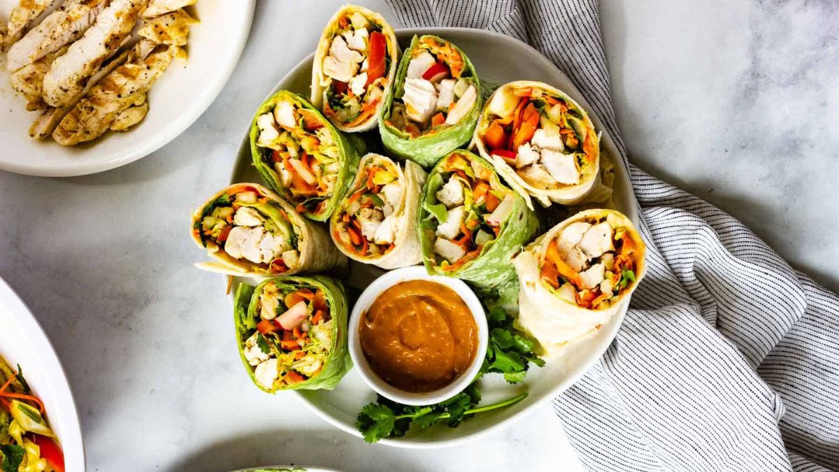Thai Chicken Wraps with Peanut Sauce.