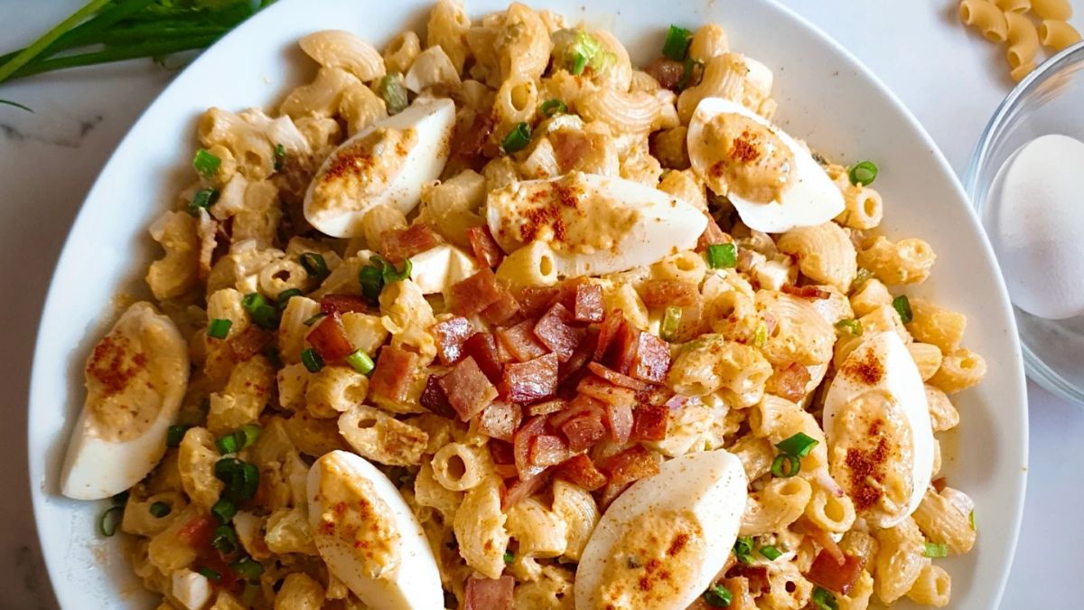 The Best Deviled Egg Macaroni Salad with Bacon Recipe.