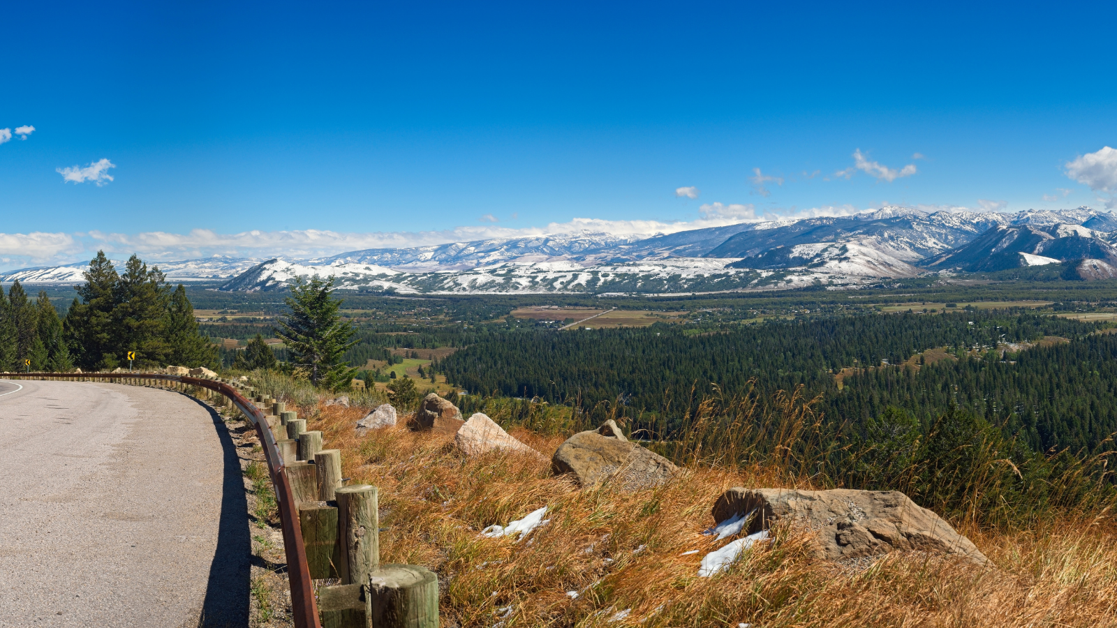 Panorama of Jackson Hole, Wyoming, from an overlook high up on the Teton Pass Highway between Idaho and Wyoming.