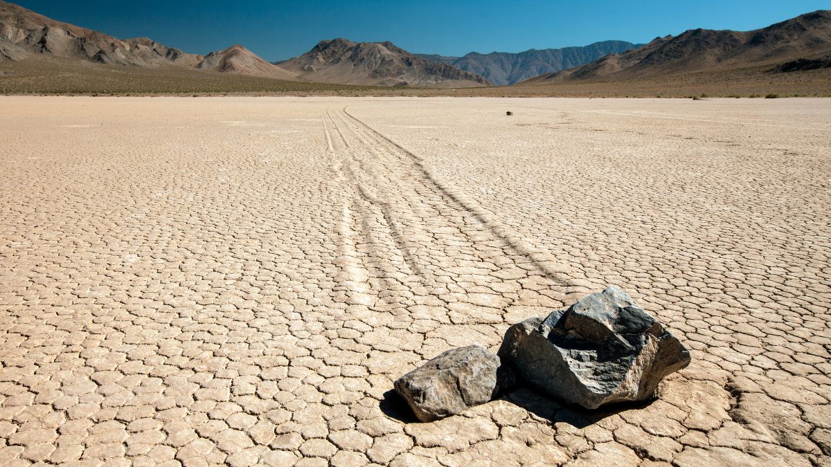 The "twins" at Racetrack Playa at Death Valley - close-up shot of the moving rocks.