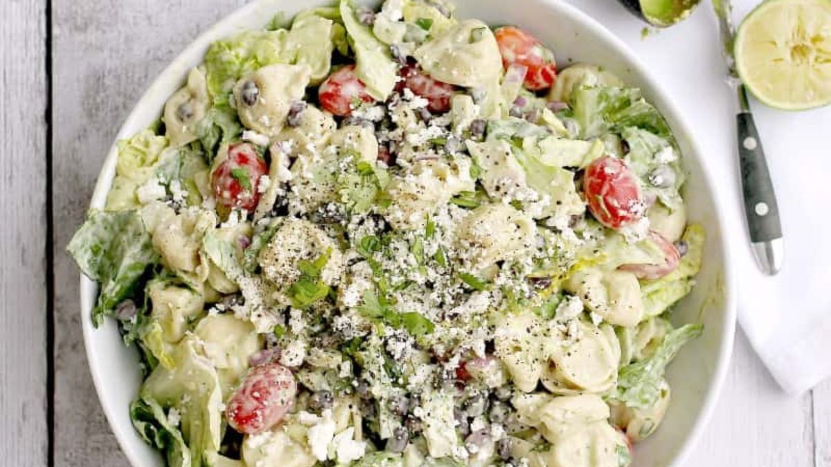 Tortellini Salad with Avocado Dressing.