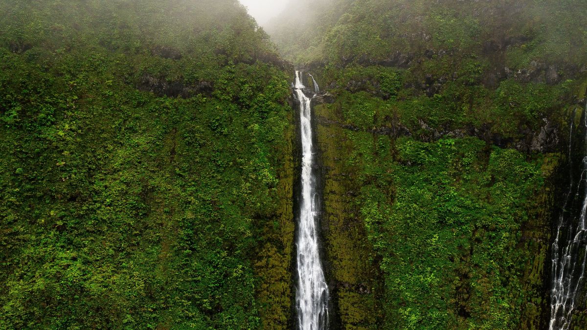 A breathtaking view of a waterfall cascading down a lush green cliffside in Oloupena, Hawaii.
