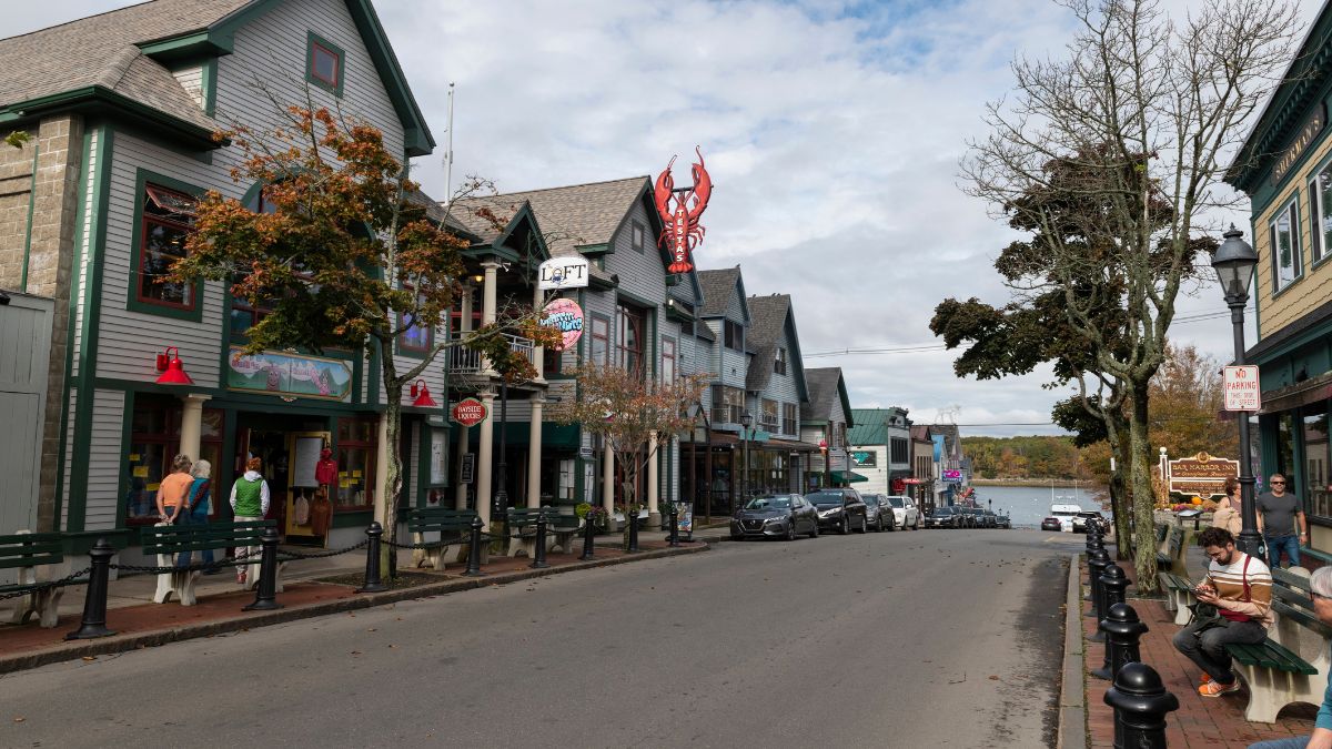 Bar Harbor, Maine, USA - October 21, 2023: View of the Main Street in the downtown of the city of Bar Harbor, Maine, USA.