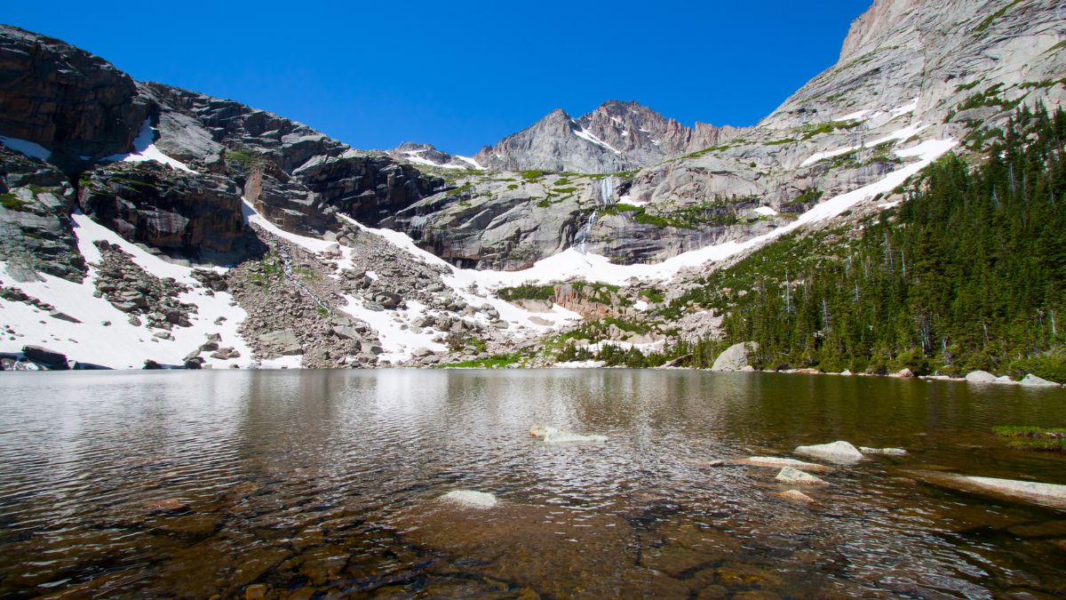 Black Lake and Rocky Mountains with glacier in summer, Rocky Mountains National Park, USA.