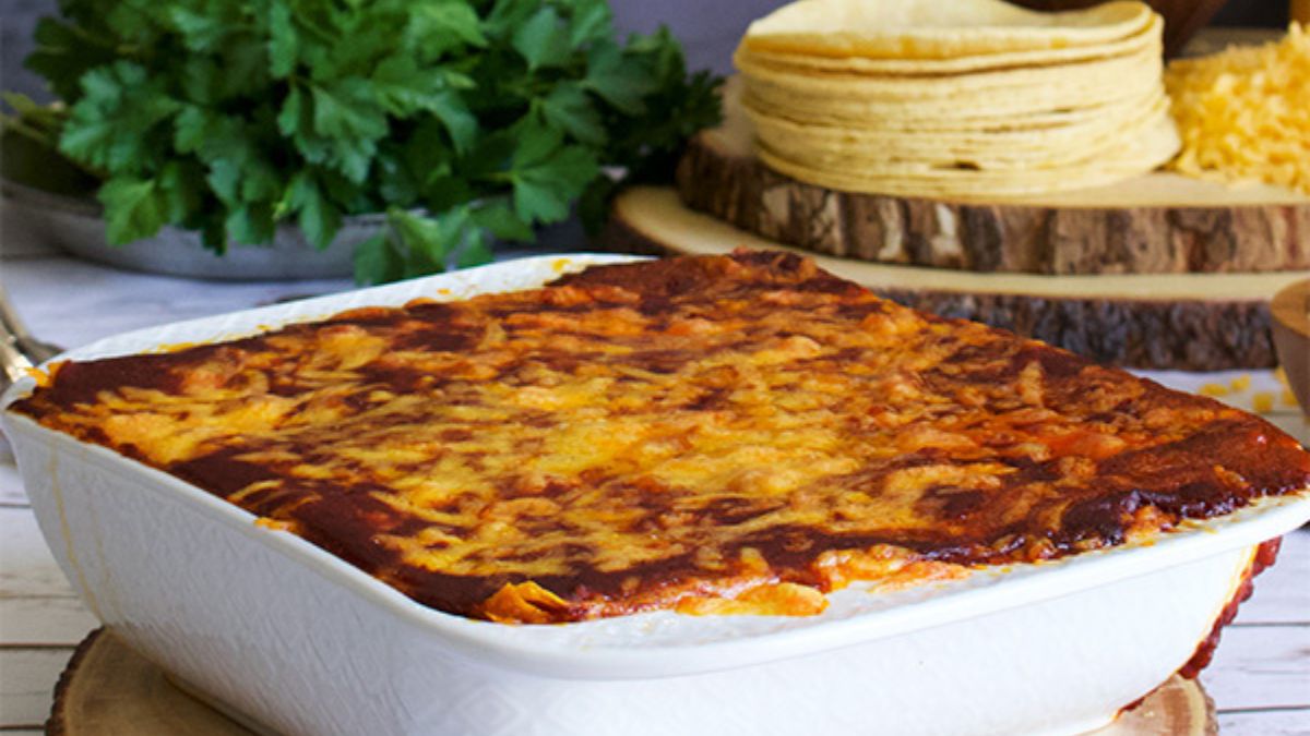 Cheese Enchilada Casserole {Best Red Chili Sauce}.
