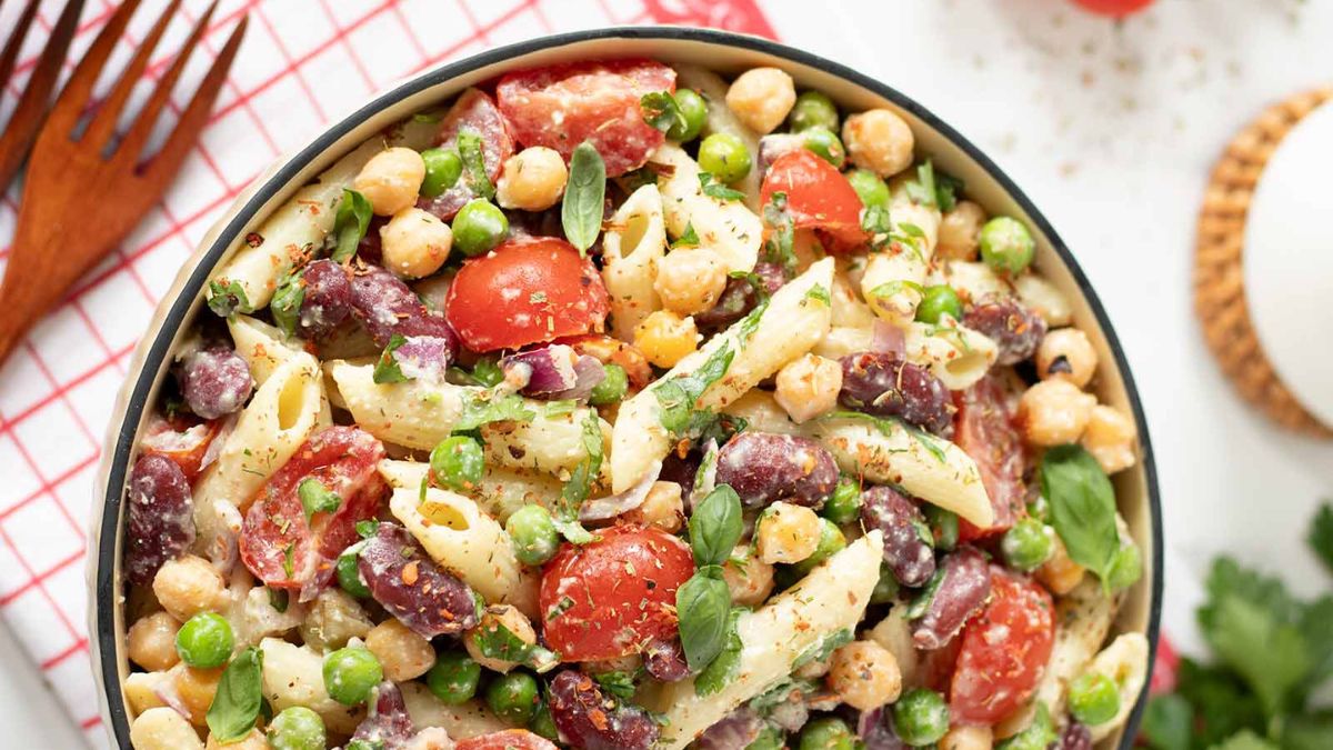 Cold High Protein Vegan Pasta Salad.