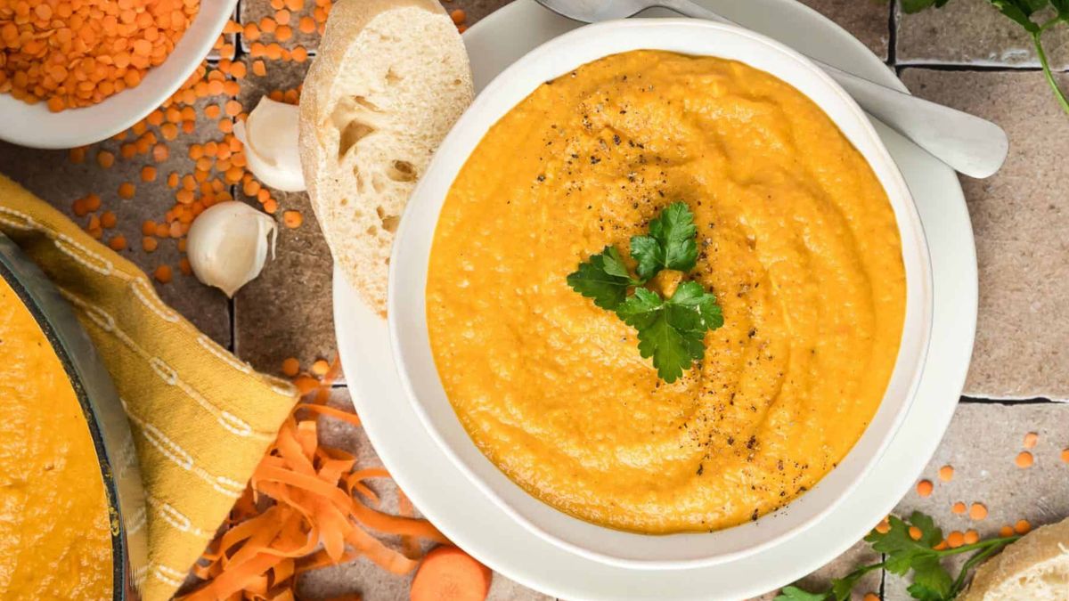 Cozy Carrot and Lentil Soup with a Sweet Apple Twist.