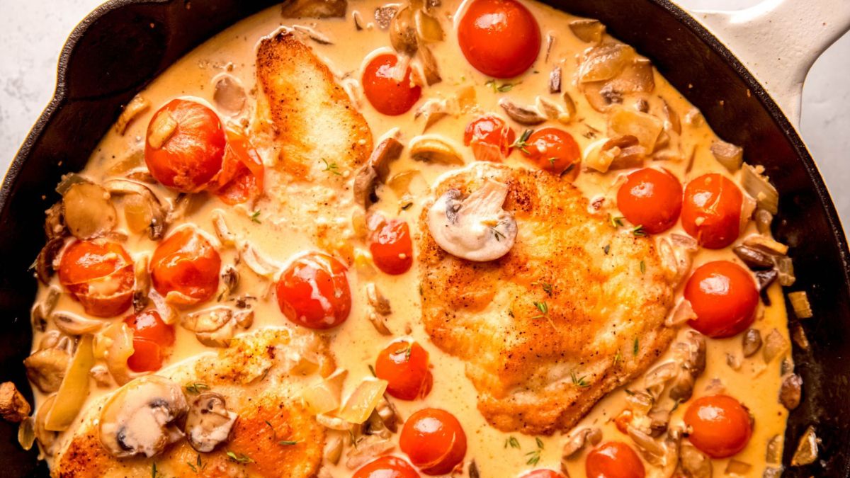 Creamy Mushroom Chicken with Cherry Tomatoes.