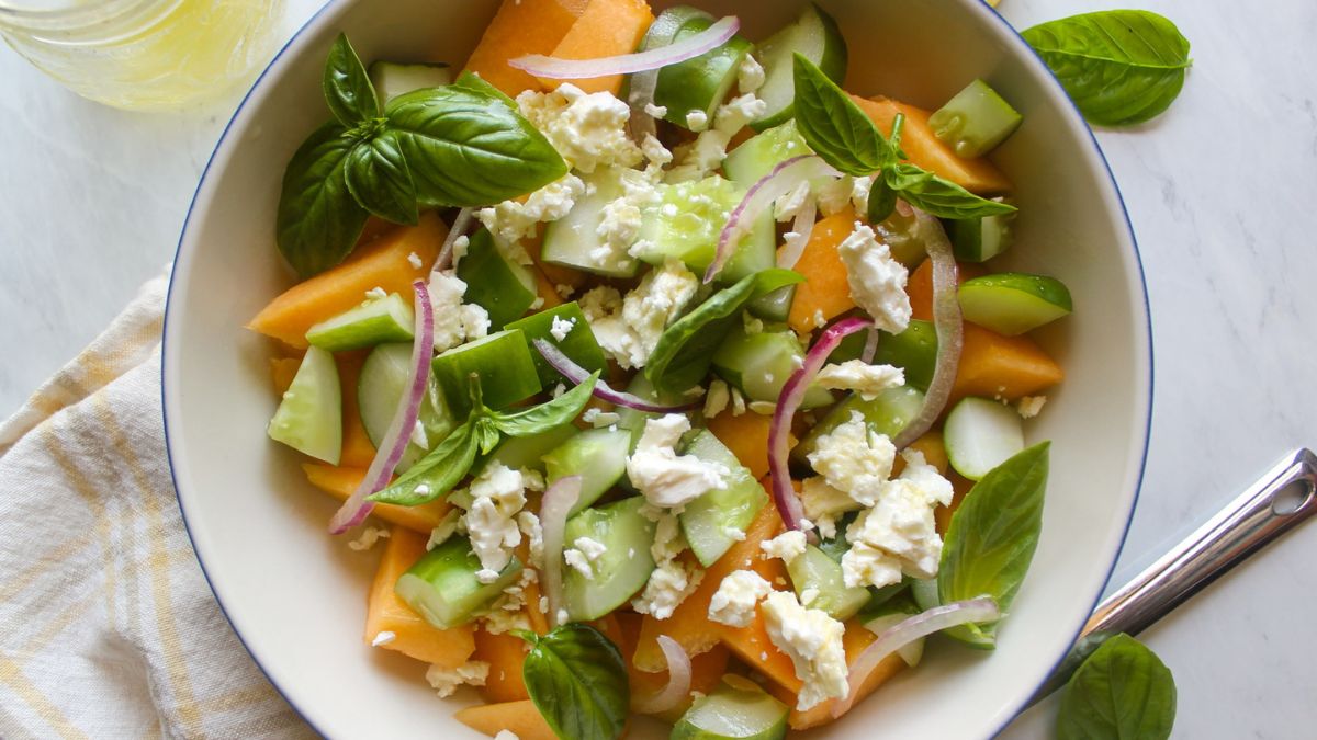 Cucumber Melon Salad with Feta and Basil.