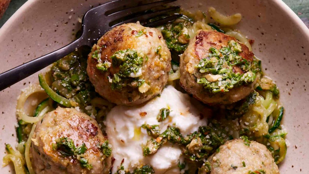 Easy Chicken Chimichurri Meatballs Over Zoodles and Burrata.
