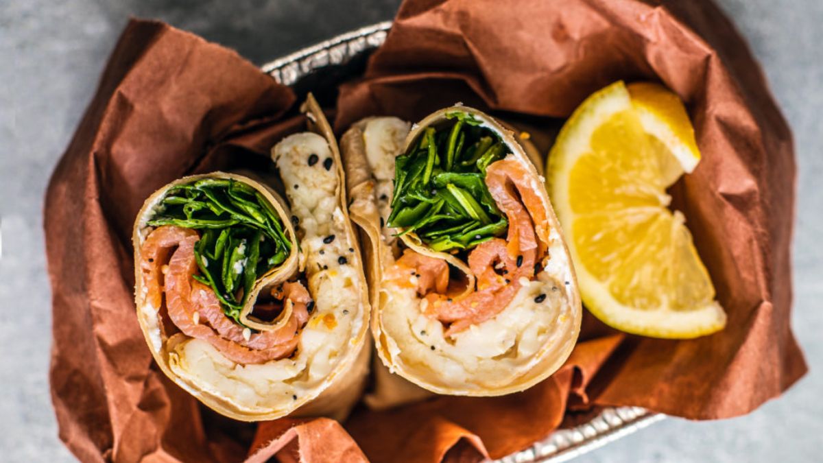 Egg White Smoked Salmon Wrap with Goat Cheese and Spinach.