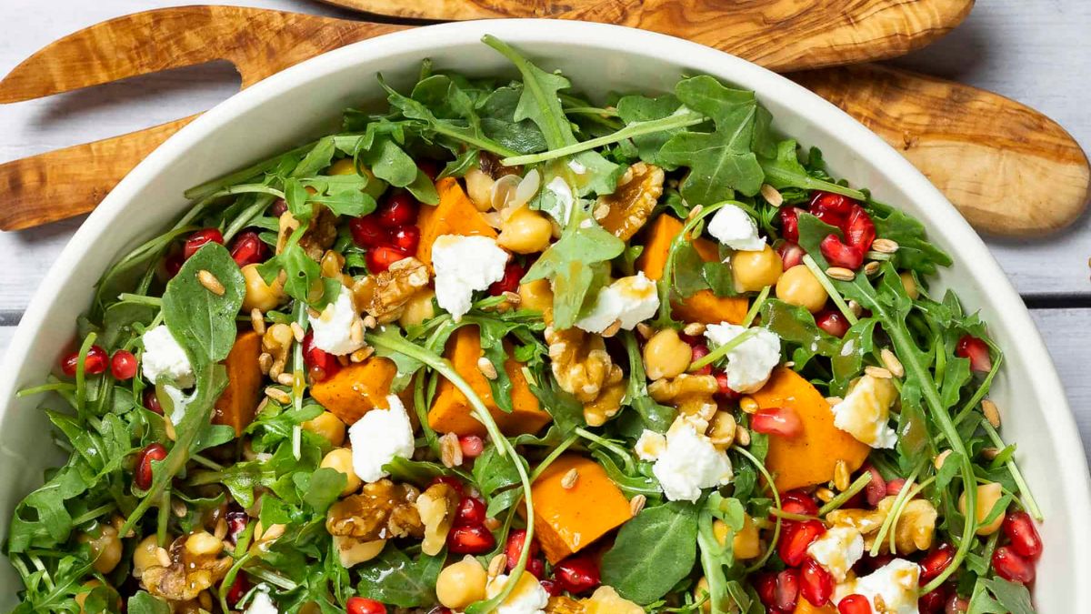 Farro and Arugula Salad With Sweet Potato and Pomegranate.
