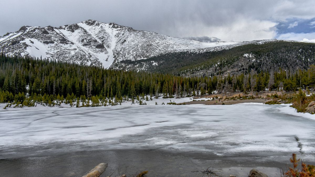 Frozen lake in Rocky Mountains, Sandbeach Lake, Rocky Mountain National Park, Colorado.
