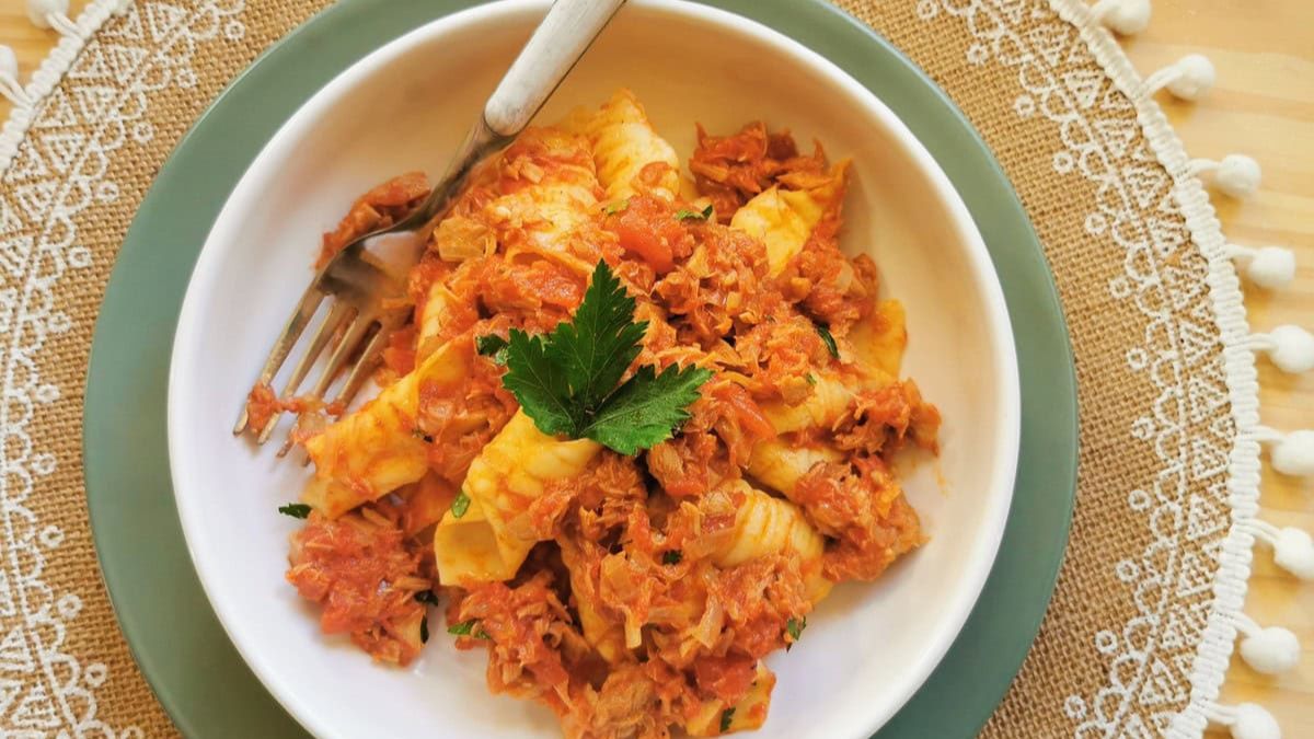 Garganelli Pasta with Tuna Bolognese Recipe.