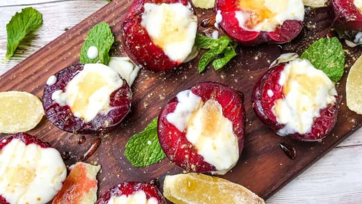 Grilled Plum Dessert with Ginger Honey Yogurt.