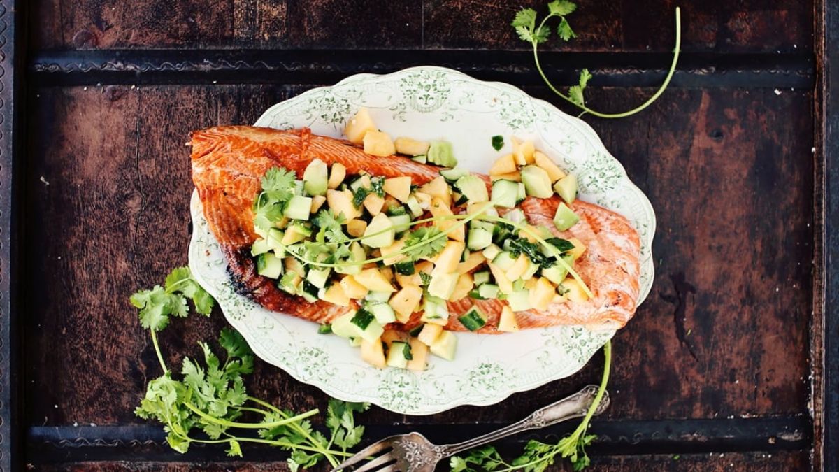 Grilled Salmon with Avocado-Melon-Cucumber Salsa.