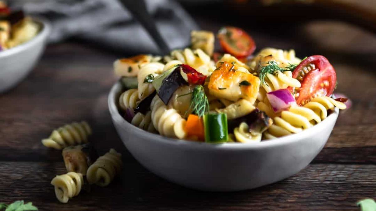 Halloumi Pasta Salad with Greek Herb Vinaigrette.