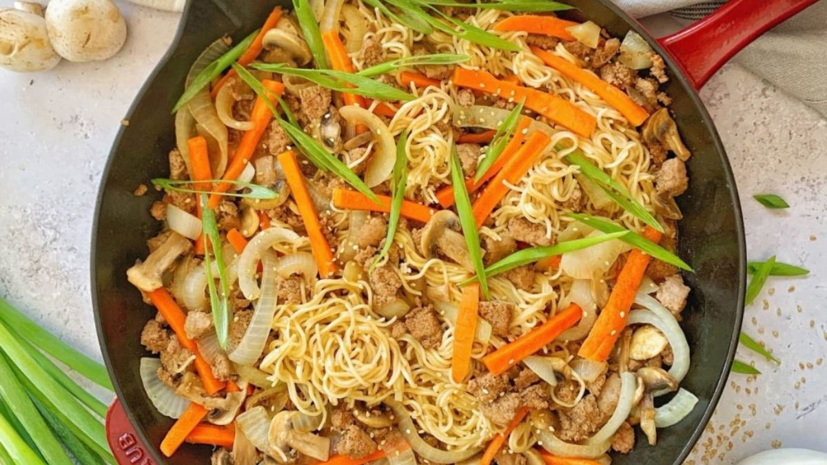 Homemade Ramen with Seasoned Ground Turkey.