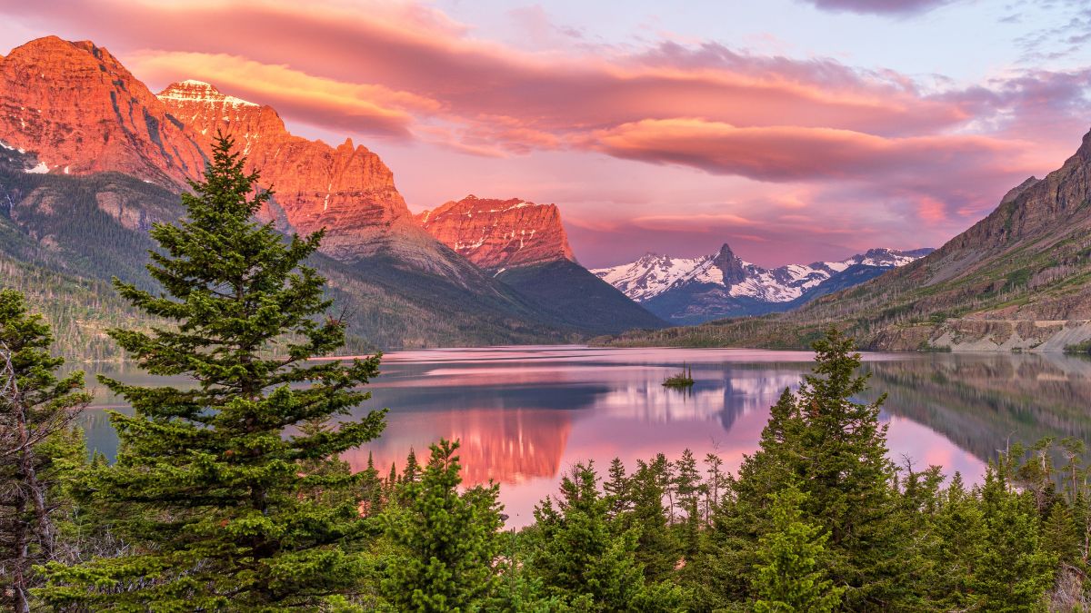 Incredible Sunrise - Wild Goose Island Overlook Glacier National Park Montana.