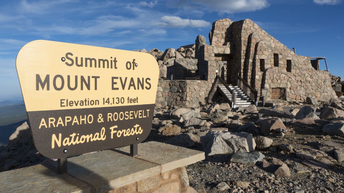 MOUNT EVANS RECREATION AREA, COLORADO, USA - SEPTEMBER 10, 2015 Summit sign at the end of the highest paved road in North America, Mt. Evans Scenic Byway, Rocky Mountains, Colorado