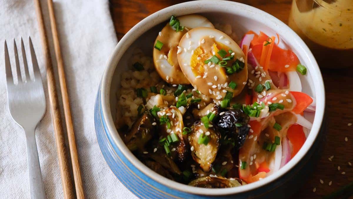 ​Miso Buddha Bowl with Marinated Ramen Egg.