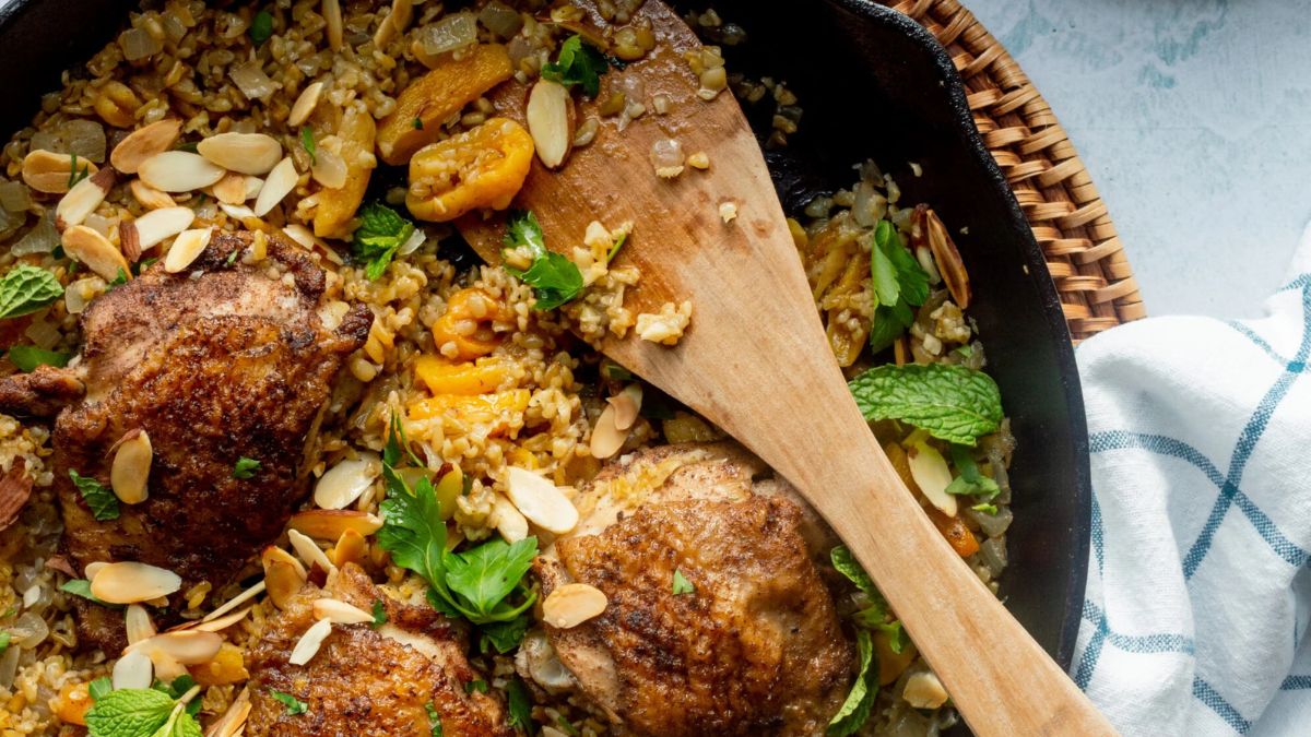 One-Pan Lebanese Freekeh with Chicken and Apricots.