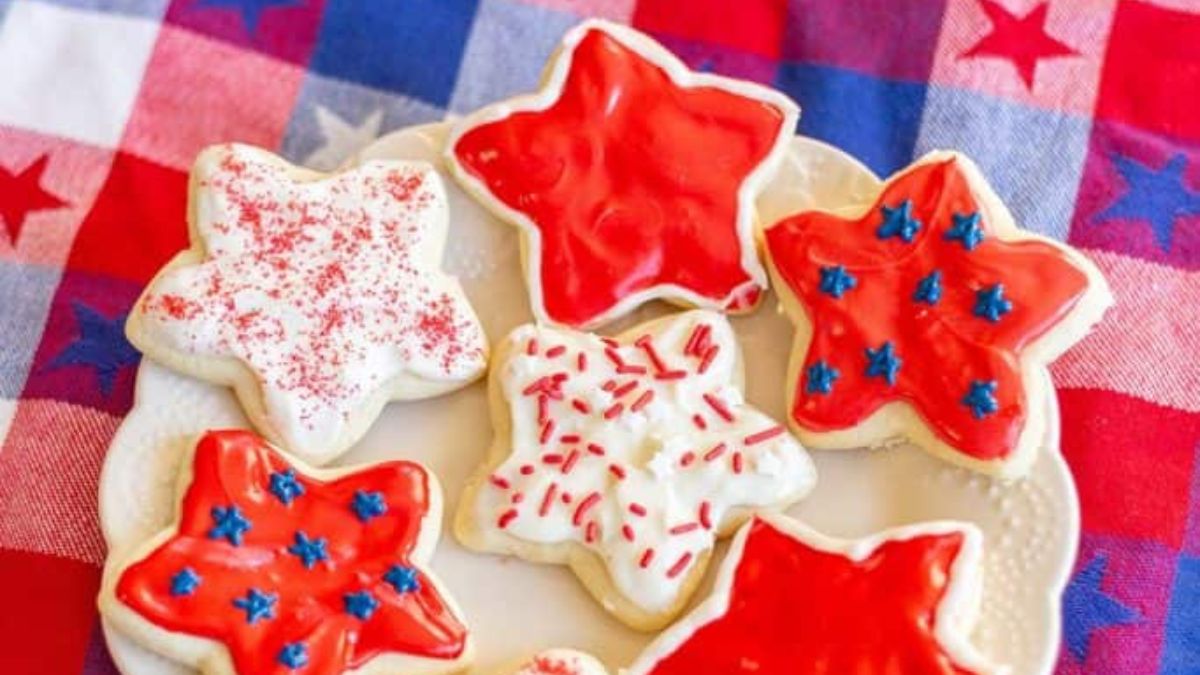 Patriotic Sour Cream Sugar Cookies with Cream Cheese Frosting.