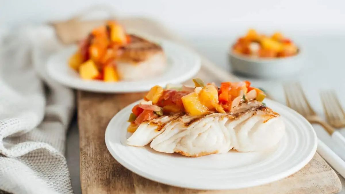 Perfect 15-Minute Grilled Halibut with Peach Salsa.