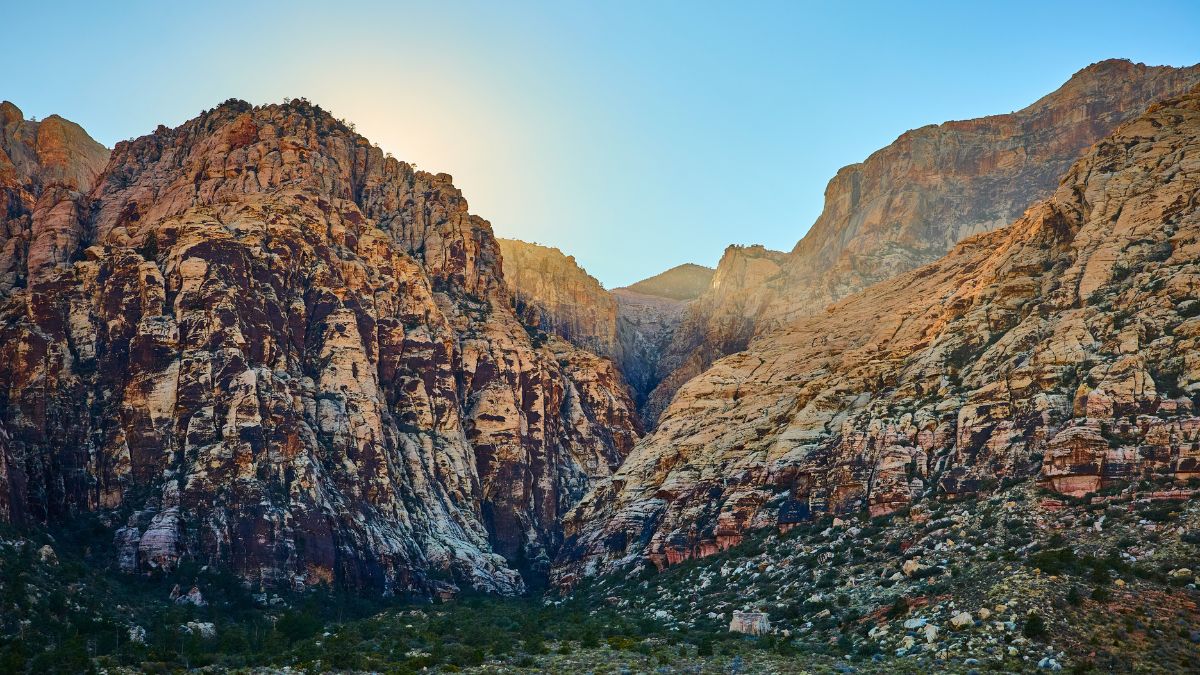 Rugged Red Rock Canyon Peaks at Sunrise Low Perspective View.