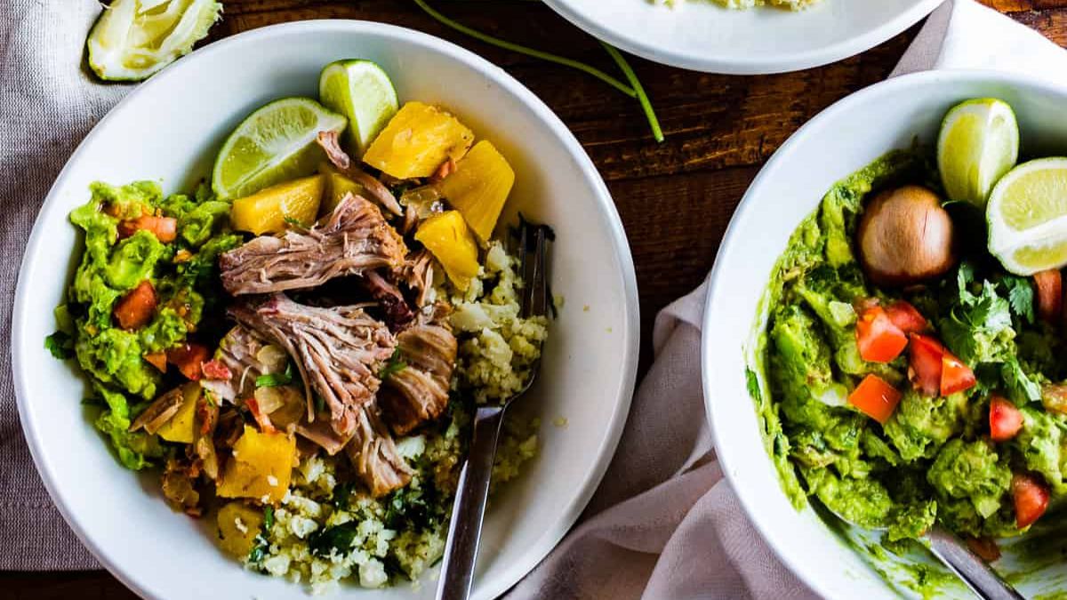 Slow Cooker Pineapple Pulled Pork with Cauliflower Rice + Guacamole.