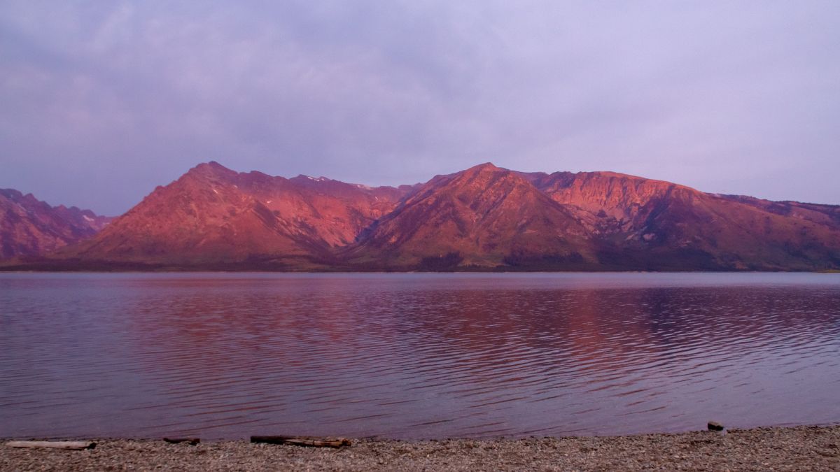 Sunrise over Jackson Lake in Colter Bay Village in Grand Teton National Park Wyoming.