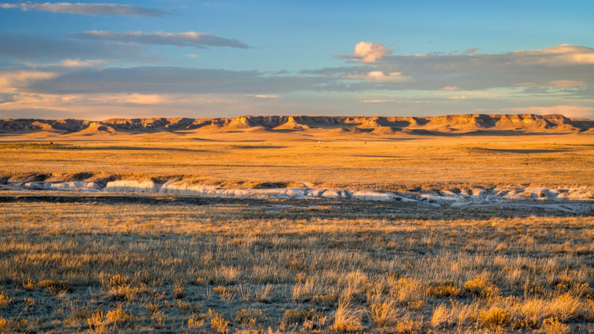 Sunset light over Pawnee National Grassland in northern Colorado, typical winter or fall scenery with a dry grass.