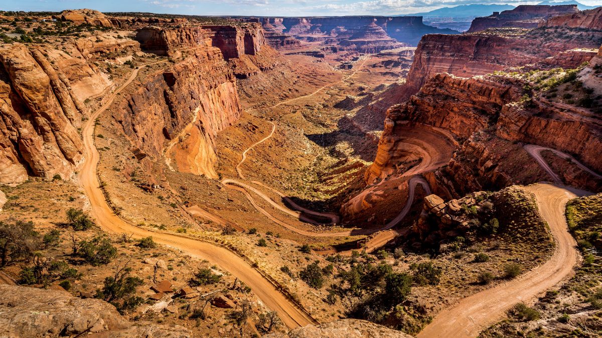 The White Rim Road and Shafer Trail winding up the steep canyon in Canyonlands National Park, Utah, United States.