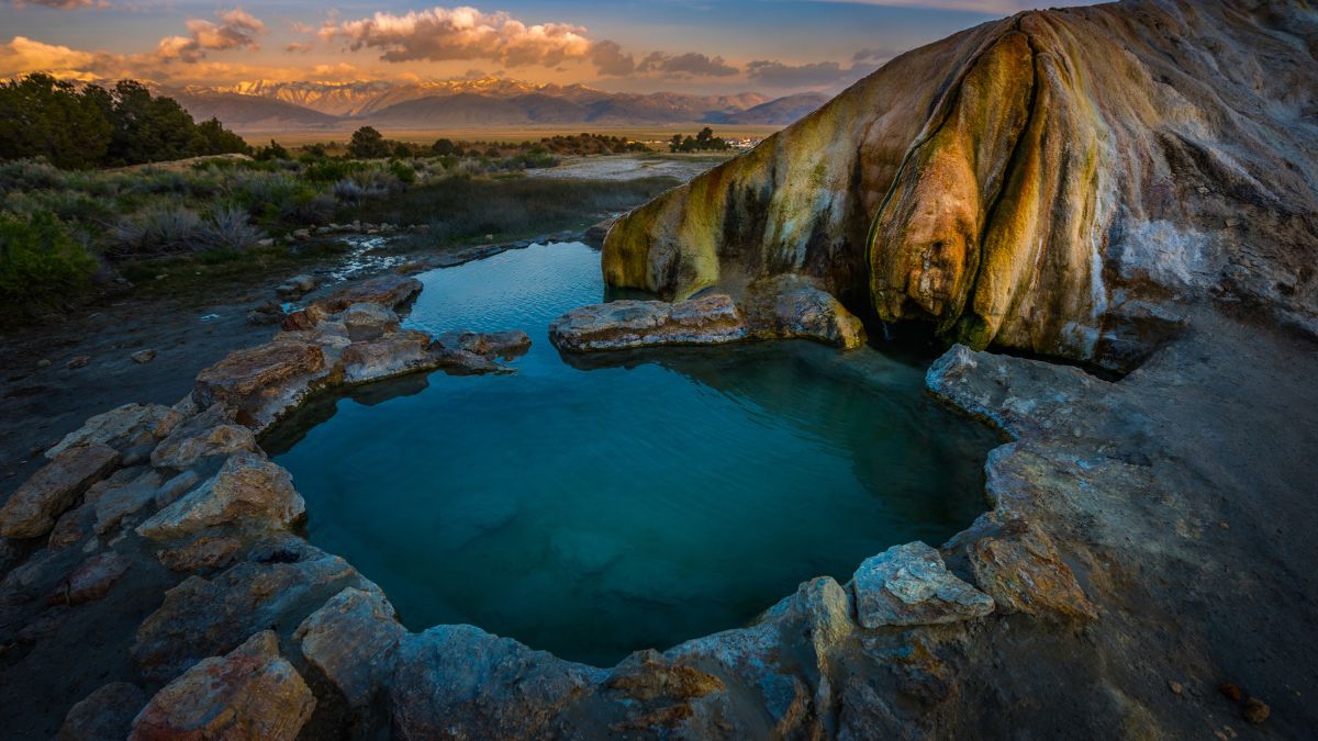 Travertine Hot Springs wit Sunrise over the Sierras.