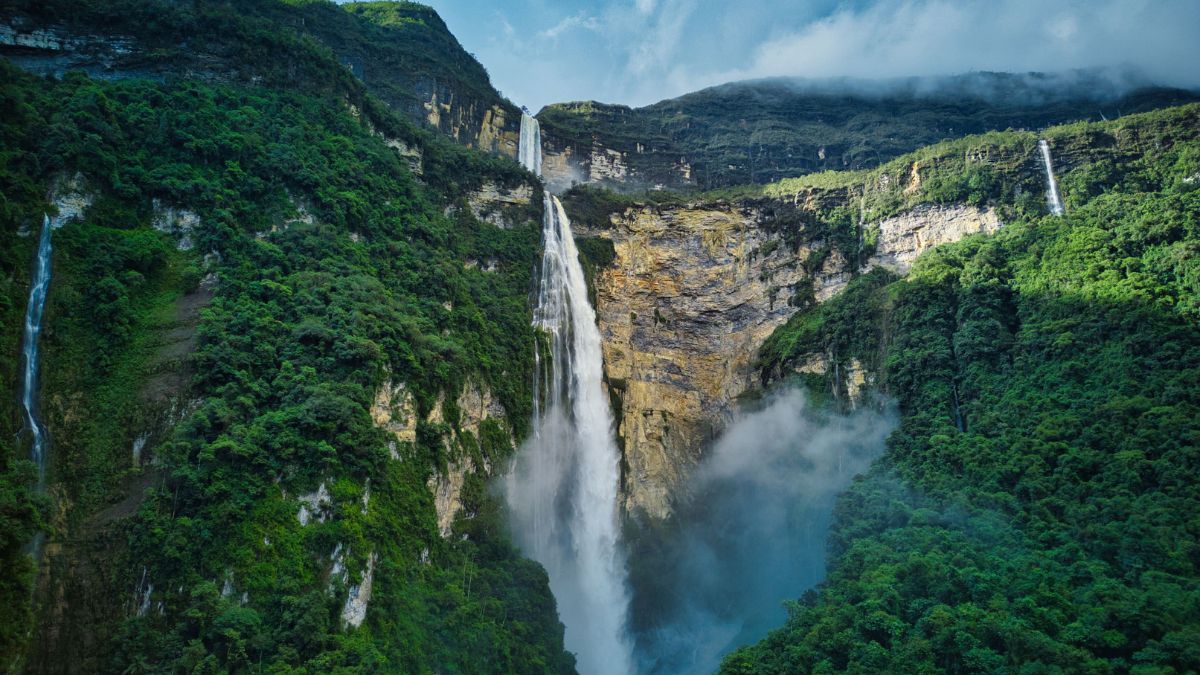 View from drone on Gocta Falls 771m, one of tallest waterfalls in the world,  located close to Chachapoyas, one of the gateways to the Peruvian jungle.