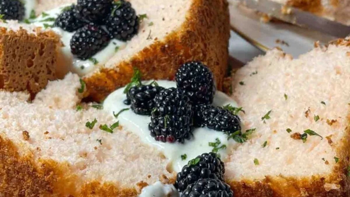 Watermelon Angel Food Cake with Honey-Lime Yogurt Sauce.