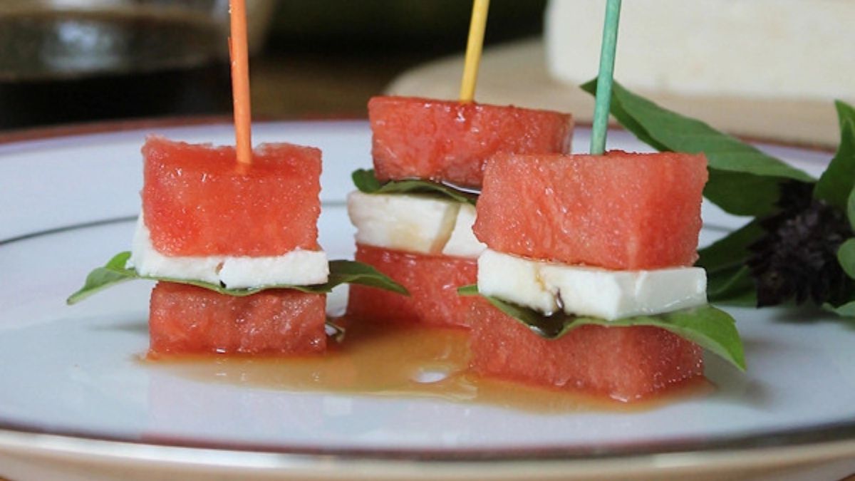 Watermelon-Feta Appetizer Bites with Basil Syrup.