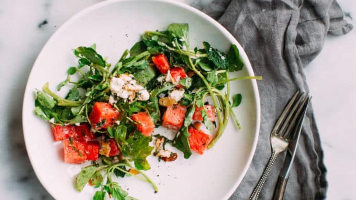 Watermelon Salad with Goat Cheese, Watercress and Mint.