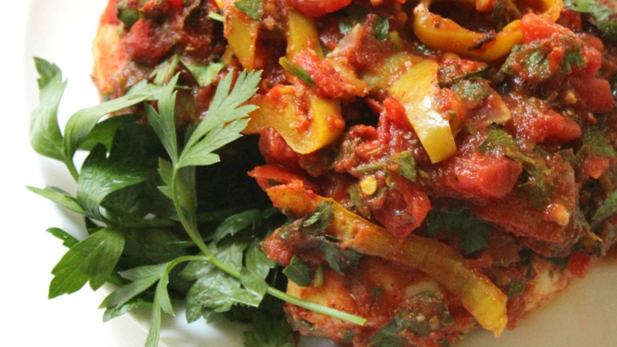 Banana Pepper & Tomato Baked Chicken.