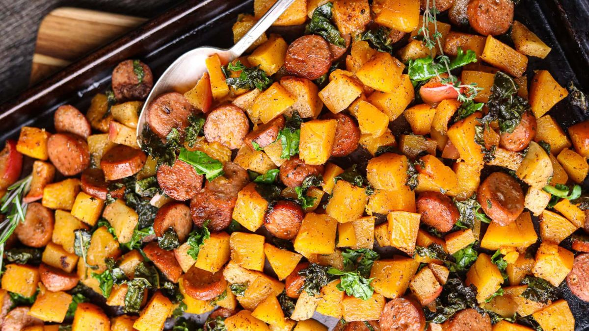 Chicken Sausage and Butternut Squash Sheet Pan Meal.