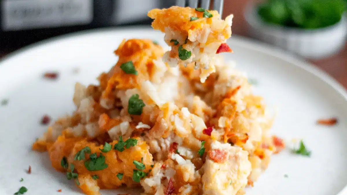 Crockpot Chicken Bacon Ranch Tater Tot Casserole.
