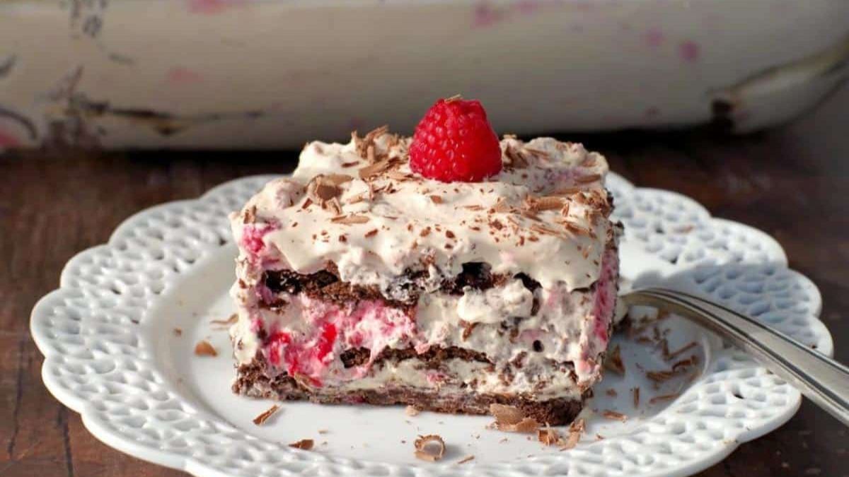 Dulce De Leche Chocolate Raspberry Icebox Cake.