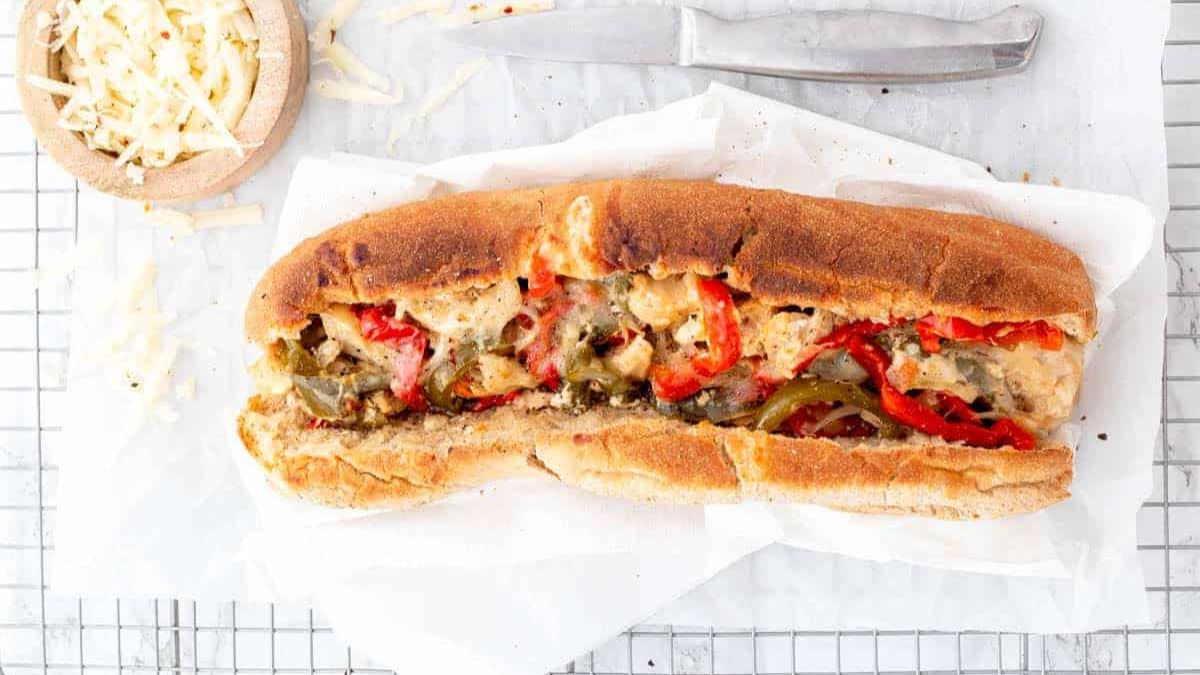 Healthy Crockpot Chicken Philly Cheesesteak.