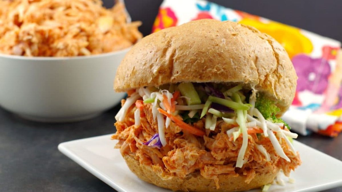 No Cook Shredded Buffalo Chicken Sandwich (with rotisserie chicken).